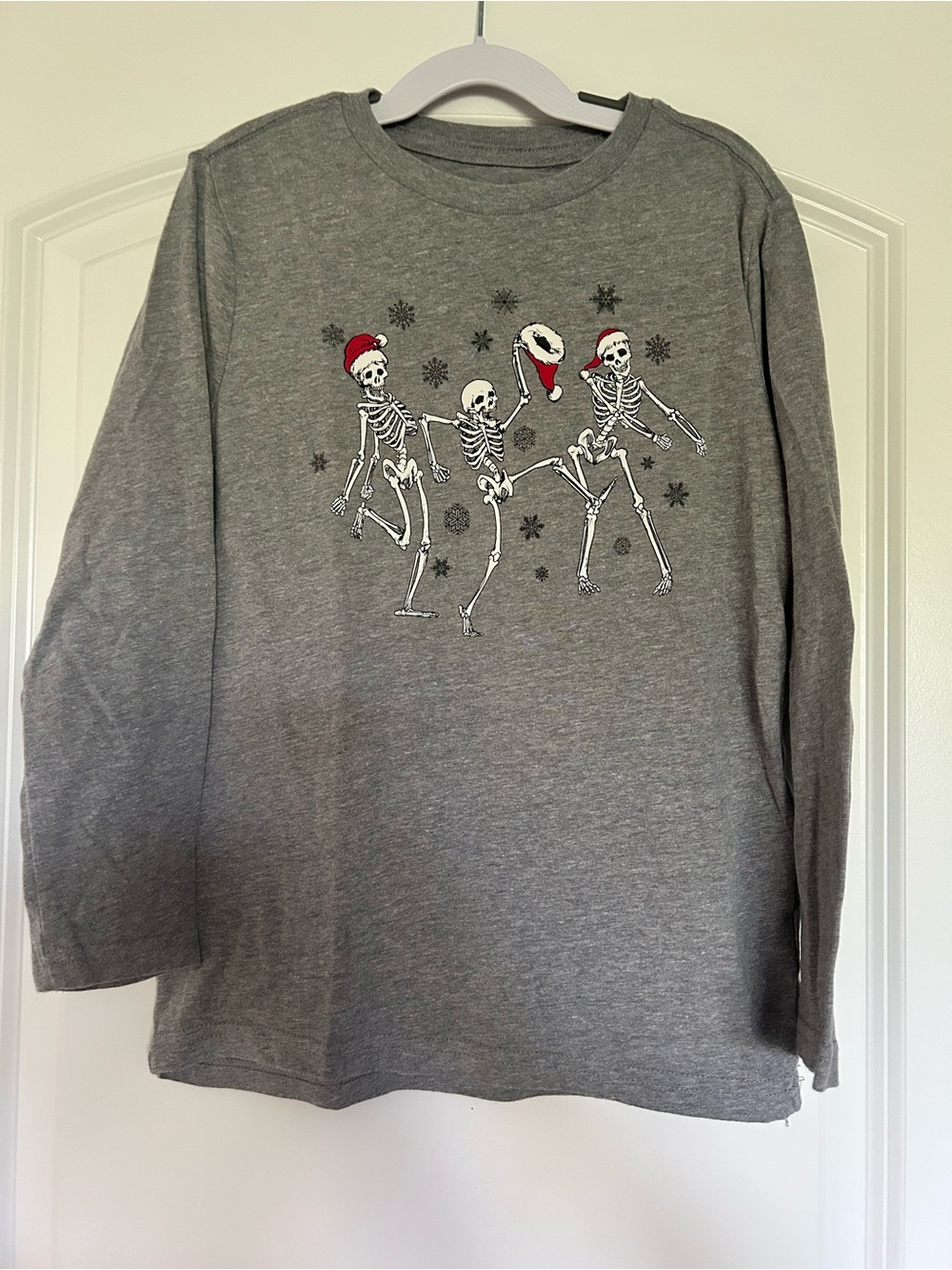 Holiday Time Gray Long-Sleeve Tee with Dancing Skeletons and Red Hats
